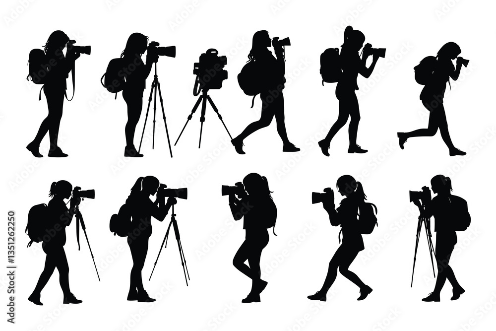 Obraz premium set of female Photographers with camera various poses black silhouette collection.