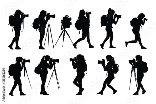 set of female Photographers with camera various poses black silhouette collection.
