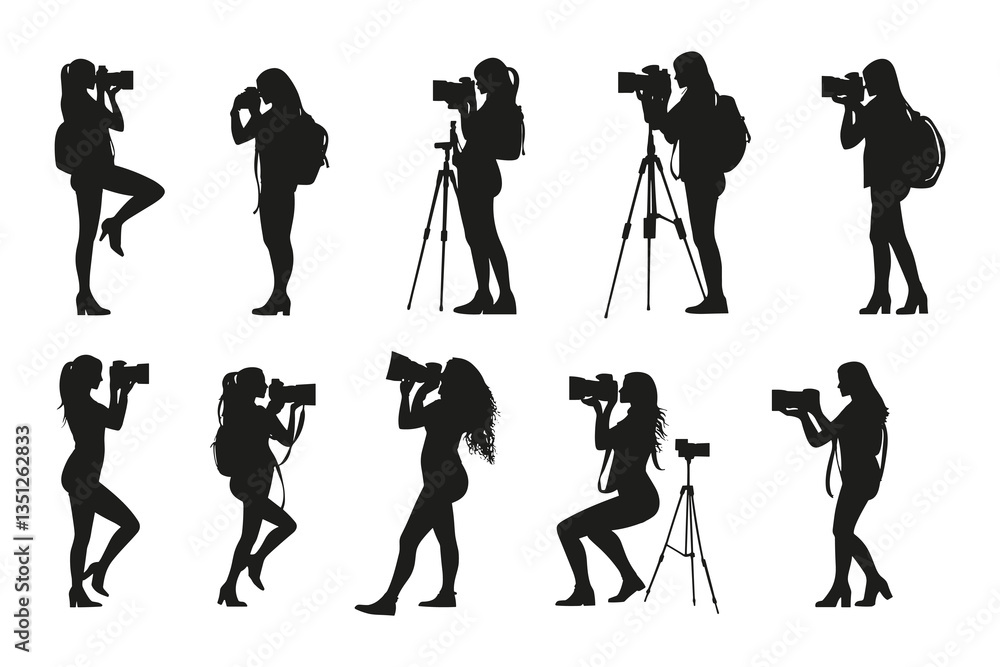 Obraz premium set of female Photographers with camera various poses black silhouette collection.