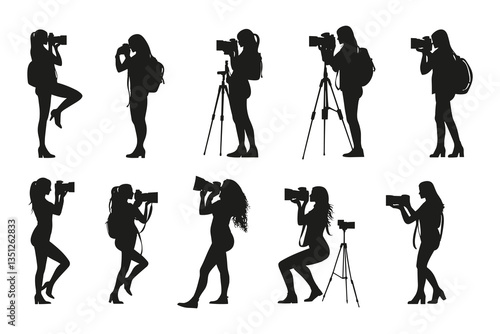 set of female Photographers with camera various poses black silhouette collection.