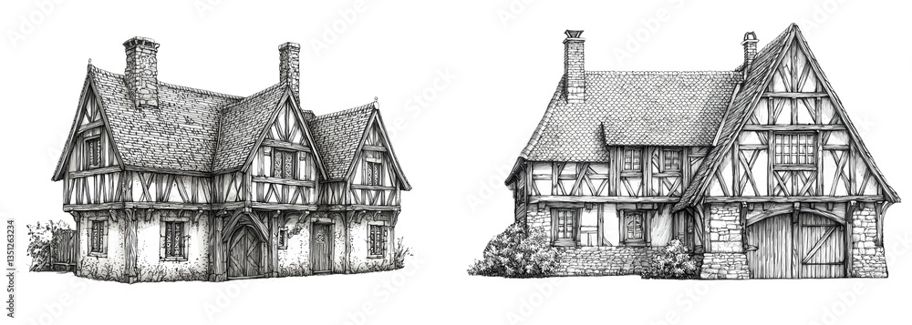 Obraz premium Two rustic, timber-framed houses with intricate detailing and steep roofs, showcasing traditional architectural style.