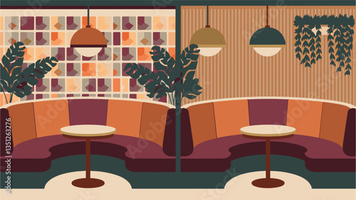 Cafe, restaurant interior in retro mid century modern style with comfortable furniture and green potted plants. Colorful flat vector illustration