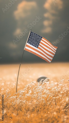 American flag with wheat field, and sunset.
