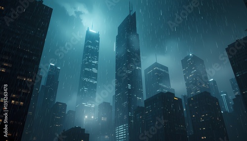 Rainy Night in the City, Dark city skyscrapers under heavy rain at night.