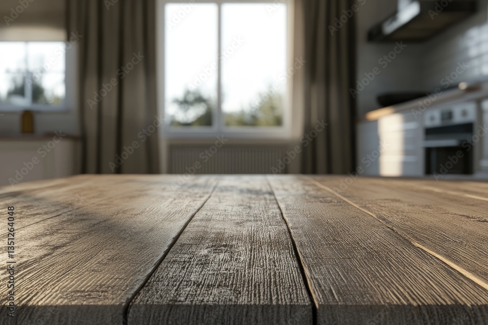 Empty wooden table in a modern kitchen with a window view Empty wooden table in a modern kitchen with a window view