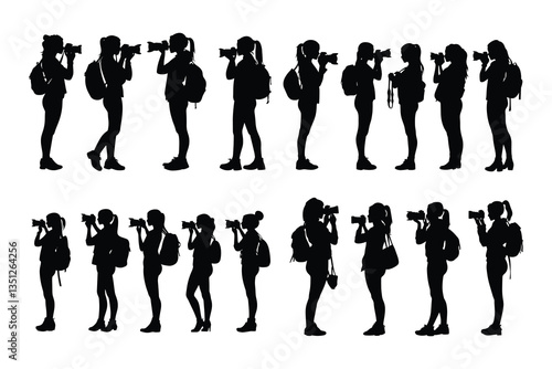 set of female Photographers silhouette collection on white background. camera women silhouette set vector illustration. 