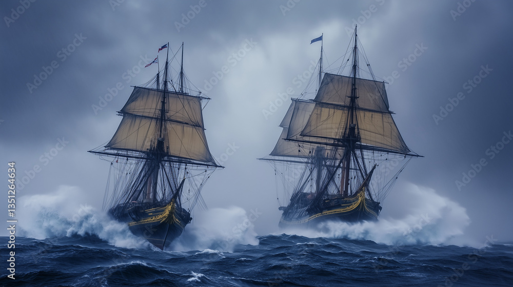 Obraz premium Two Ships Collide Amidst Stormy Seas, Symbolizing Nature's Unpredictable Power