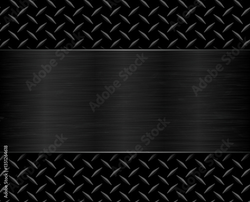 Black metallic background, brushed metal banner on diamond plate pattern back, 3D dark plate texture.