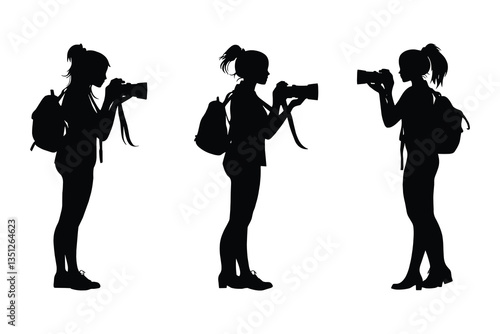 set of female Photographers silhouette collection on white background. camera women silhouette set vector illustration. 