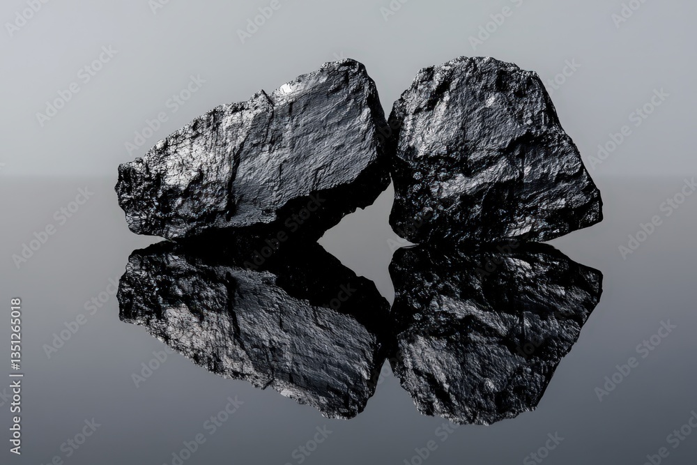 Fototapeta premium Two dark textured rocks are reflected on a smooth surface