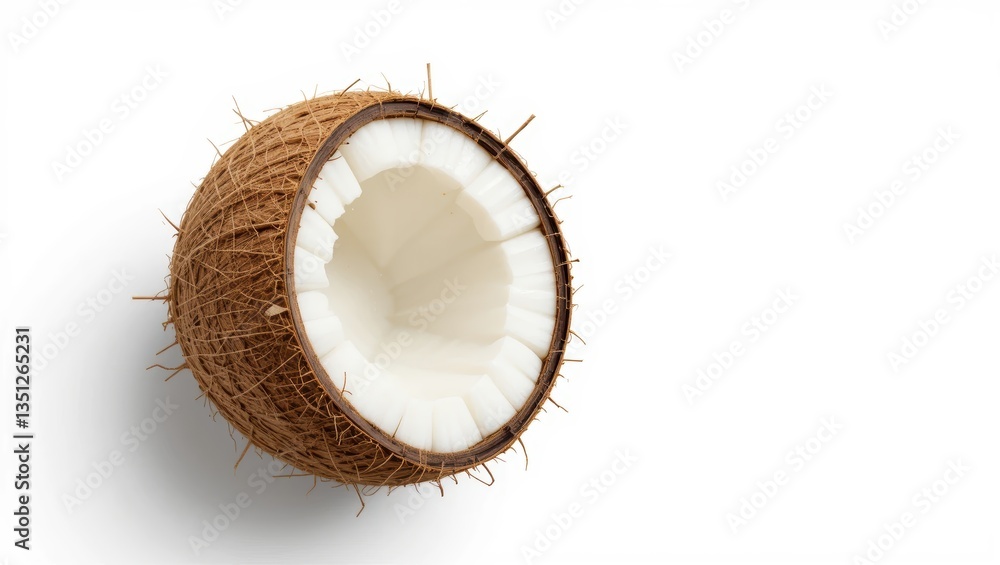 Half Coconut Shell Featuring Raw White Flesh and Brown Husk Isolated on White Background Half Coconut Shell Featuring Raw White Flesh and Brown Husk Isolated on White Background