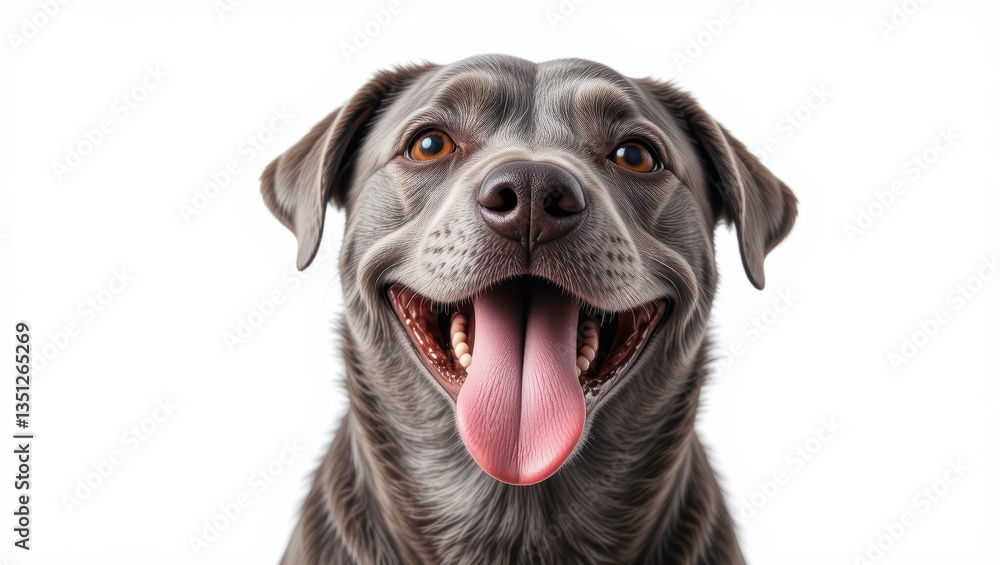 Happy Grey Labrador Smiling Joyfully With Tongue Out in a Close-Up Portrait Against White Background Happy Grey Labrador Smiling Joyfully With Tongue Out in a Close-Up Portrait Against White Background