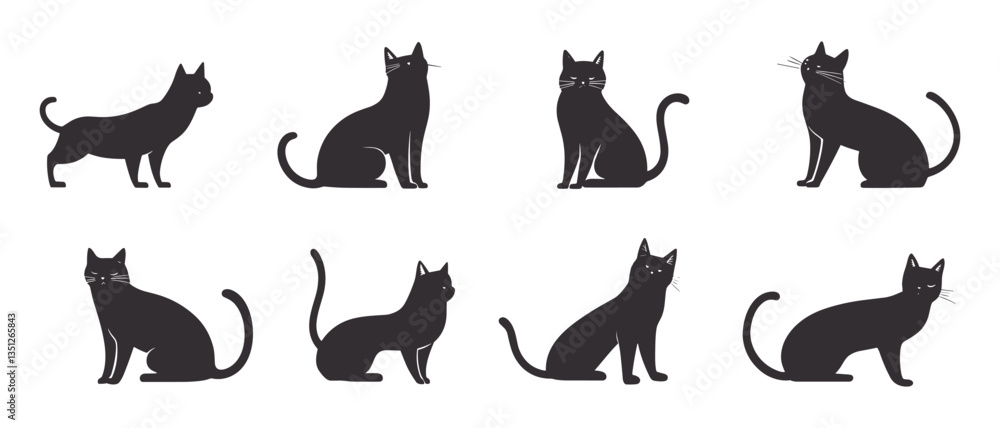 Obraz premium cute black cats silhouette on a white background. set of cat silhouette collection, Cats Silhouettes set. Cute cat silhouette set different various poses. 