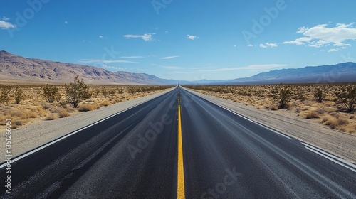 Empty highway vanishing into a vast desert landscape under a clear blue sky.