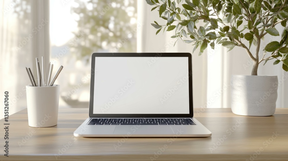 Fototapeta premium Modern laptop on a wooden desk with a bright background. Ideal workspace for productivity and creativity.