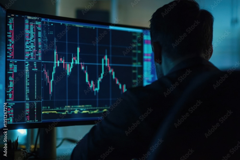 Professional trader analyzing financial data on computer screen in dark office setting with focus on charts and graphs for stock market trends Professional trader analyzing financial data on computer screen in dark office setting with focus on charts and graphs for stock market trends