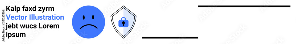 Fototapeta premium Sad face emotion beside a shield with a lock icon representing privacy, security, and cyber safety concerns. Ideal for technology, cybersecurity, data protection, online privacy, emotional