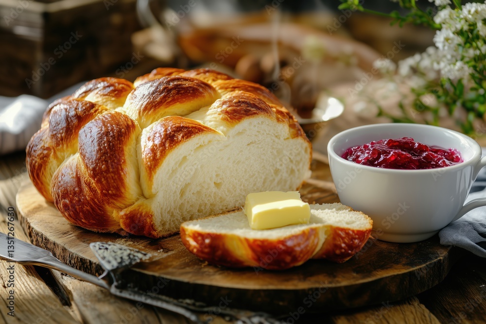 Braided bread with glossy crust, raspberry jam and warm lighting