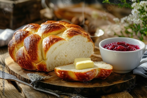 Obraz na płótnie Braided bread with glossy crust, raspberry jam and warm lighting w salonie
