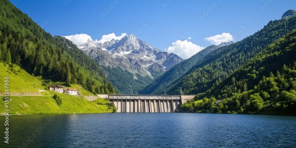 Scenic Mountain Range Featuring a Stunning Hydroelectric Dam Amidst Nature's Beauty
