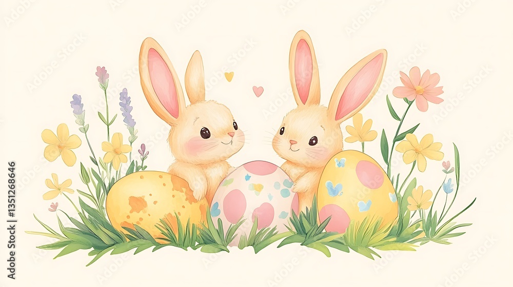 Obraz premium Easter bunnies eggs with spring flowers. (3)