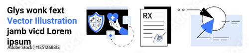 Healthcare shield with medical icons, signed prescription, and data graph analysis. Ideal for telemedicine, healthcare, security, analytics, education, research business simple landing page