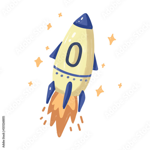 Cute cartoon rocket ship in space with stars and flames