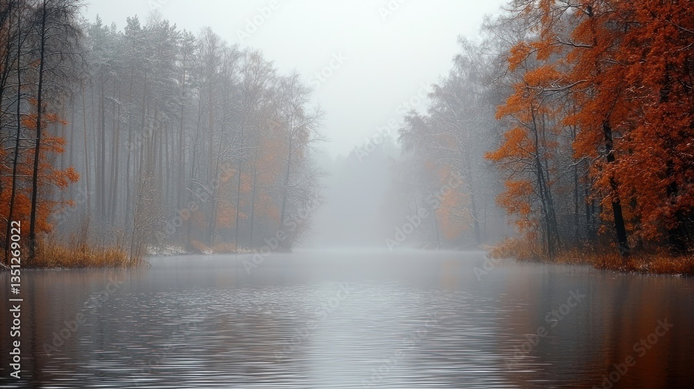 Naklejka premium Misty autumnal forest scene by a lake