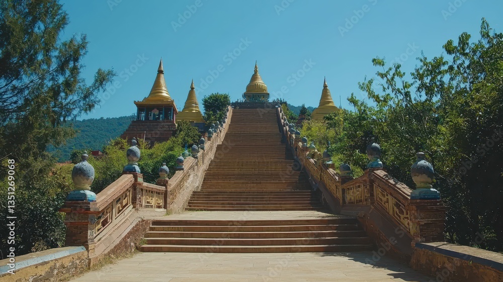 Fototapeta premium Grand Staircase Leading to Oudong Mountains Under Clear Blue Sky