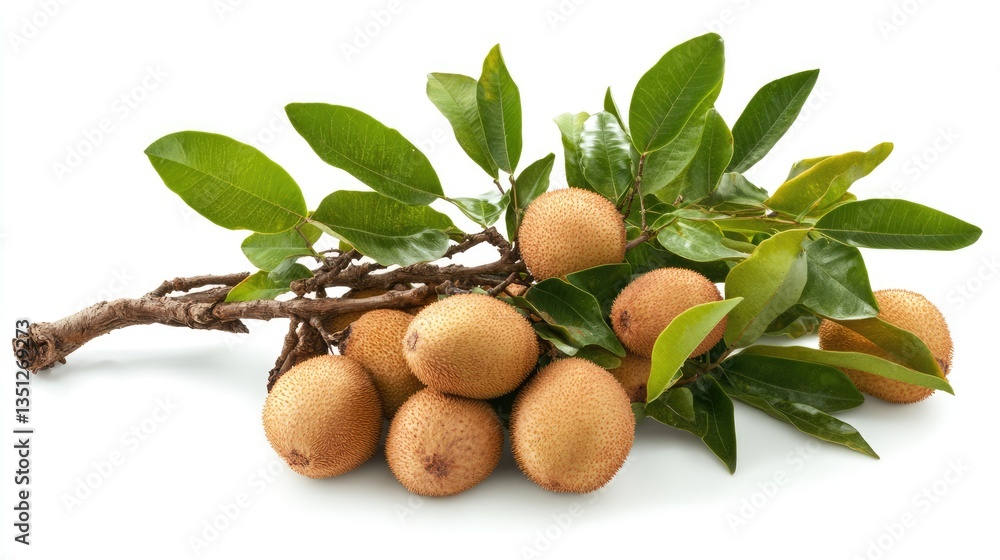 Obraz premium Freshly harvested sapodilla fruits on a branch with green leaves, showcasing their natural texture and color
