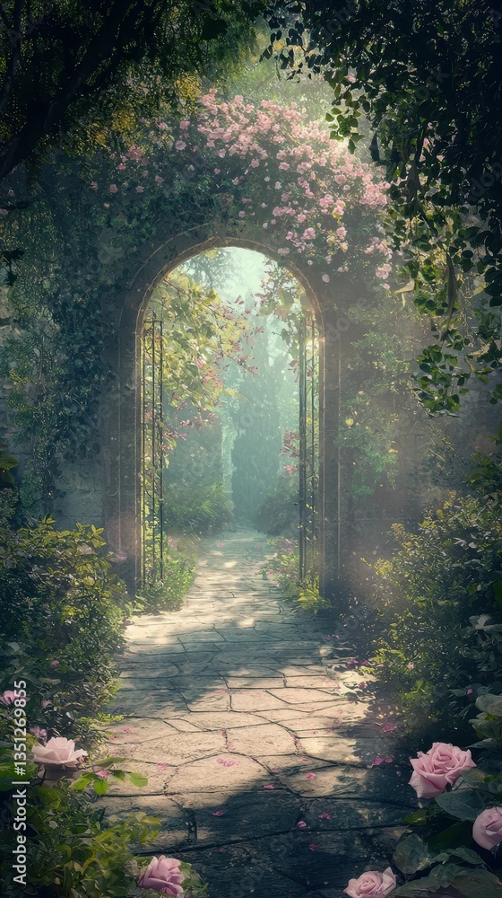 Fototapeta premium Serene Hidden Garden Pathway with Lush Blossoms and Greenery
