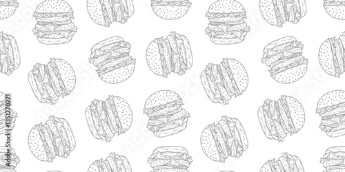 doodle burger pattern background. doodle fast food burger seamless pattern background. seamless pattern of burger in doodle style. Seamless Pattern of a Cheese Burger or Hamburger. hamburger pattern.