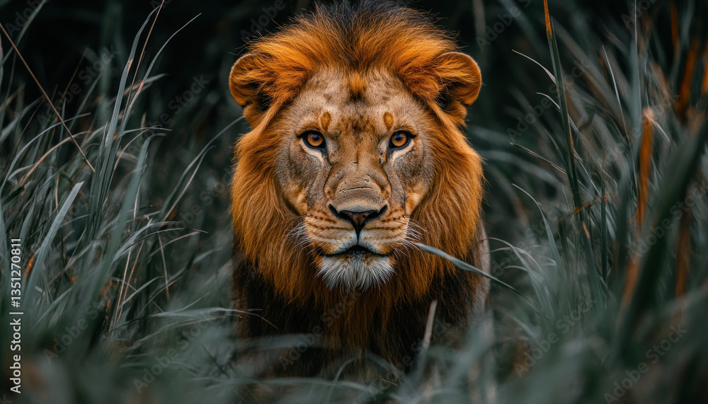 Naklejka premium A majestic lion stands in tall grass, its fur a rich golden brown, with a striking orange mane.