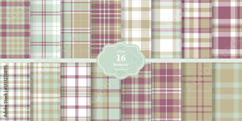 Modern Cream Bisque & Pale Cream Seamless Tartan Fabric Design Set of 16