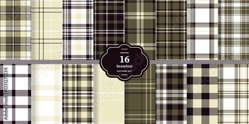 Modern Seamless Tartan featuring Cream Bisque and Soft Vanilla Fabric Design Set of 16