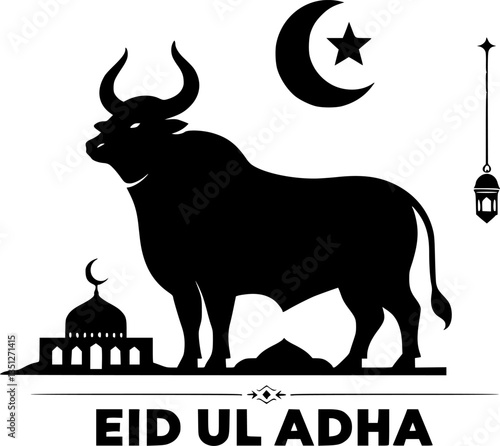 Silhouette of a bull, mosque, crescent moon, and star for Eid ul Adha
