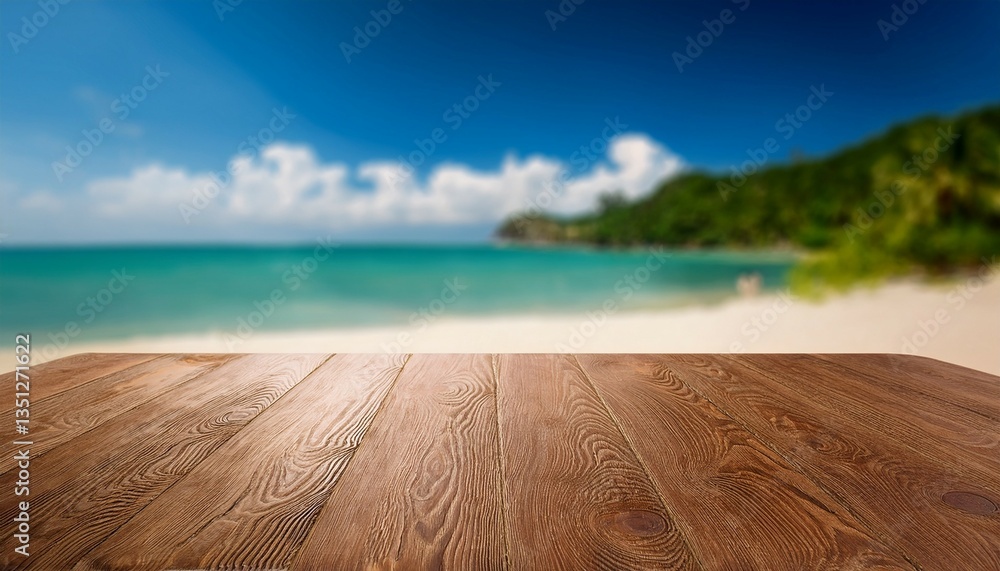 Fototapeta premium long wood table with seaside landscape blur background