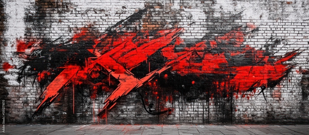 Naklejka premium A bold and contrasting red and black graffiti mural on a brick wall. The urban street art concept captures both intensity and creativity, with striking contrasts and textures. 