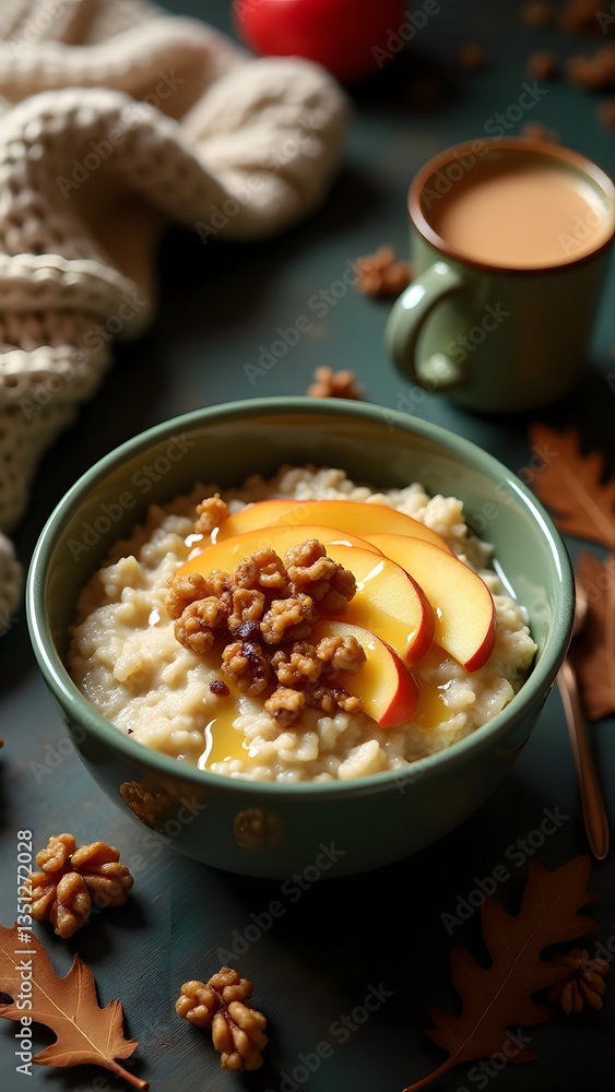 Creamy oatmeal with caramelized apples, walnuts, and honey, set against a cozy autumn backdrop of oak leaves and earthy tones. Creamy oatmeal with caramelized apples, walnuts, and honey, set against a cozy autumn backdrop of oak leaves and earthy tones.