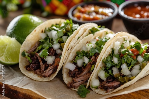 Traditional street taco trio with salsa, lime and rustic wooden board