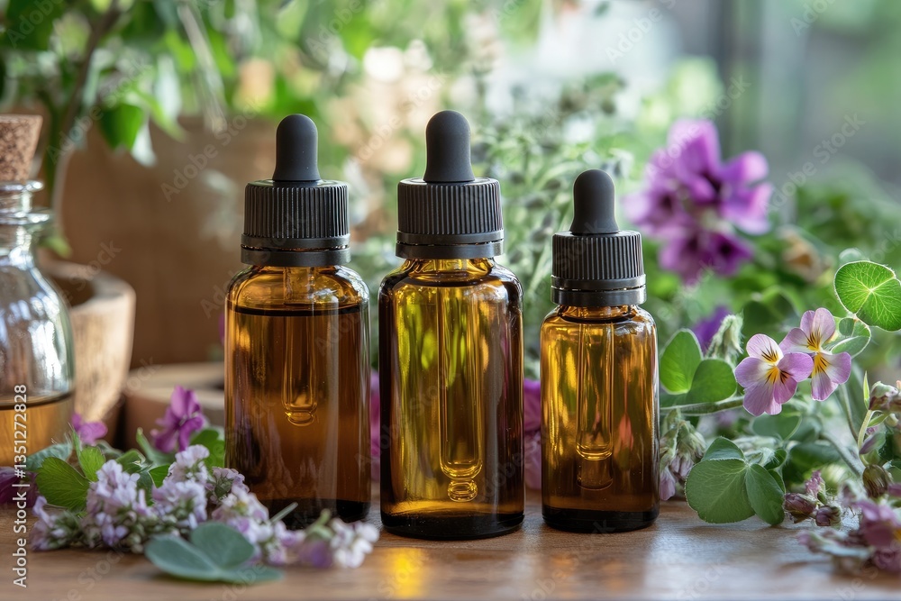 Essential oils in amber dropper bottles on wooden surface surrounded by flowers Essential oils in amber dropper bottles on wooden surface surrounded by flowers