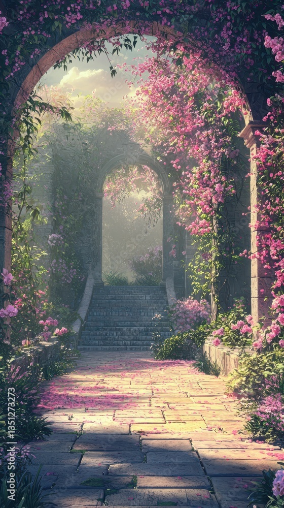 Fototapeta premium Vibrant Secret Garden Scene with Hidden Path and Floral Arches