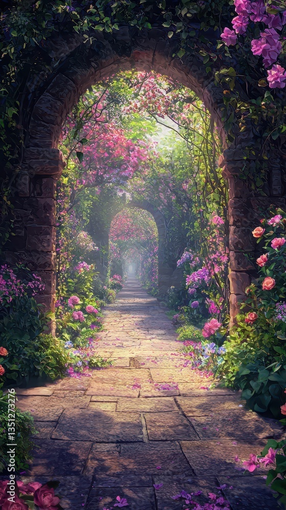Obraz premium Vibrant Secret Garden Pathway Surrounded by Beautiful Blossoms