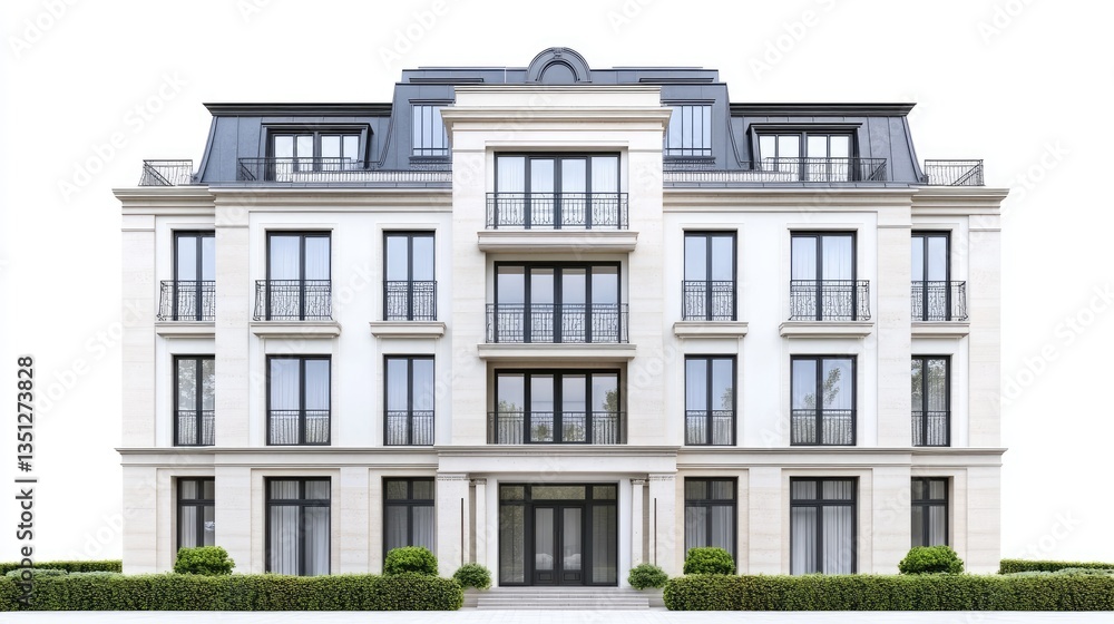 Fototapeta premium Modern residential building with large windows and balconies, surrounded by neatly trimmed greenery