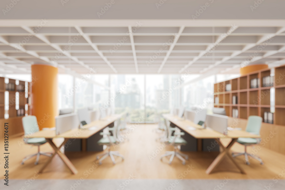 Modern Office Interior with Blurred Background and Large Windows. 3D Rendering Modern Office Interior with Blurred Background and Large Windows. 3D Rendering