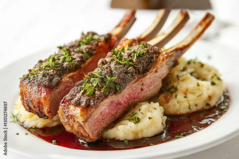 Delicious rack of lamb with herbs and mashed potatoes resting on red wine sauce Delicious rack of lamb with herbs and mashed potatoes resting on red wine sauce
