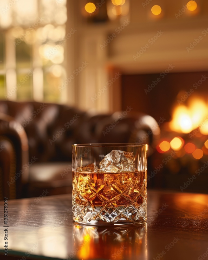 Elegant Whiskey Cocktail: Crystal Glass, Firelight Glow, and Luxury Leather Seating in Moody Bar Elegant Whiskey Cocktail: Crystal Glass, Firelight Glow, and Luxury Leather Seating in Moody Bar