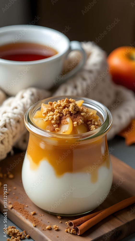 Creamy yogurt with apple compote, granola, and cinnamon, set in a cozy autumn scene with spiced tea and earthy tones. Creamy yogurt with apple compote, granola, and cinnamon, set in a cozy autumn scene with spiced tea and earthy tones.