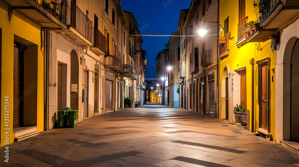 Fototapeta premium Empty night street in Italian town, warm light, calm atmosphere, travel photography