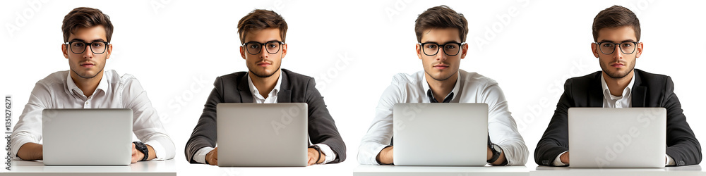 set of A young businessman with a laptop at the table, a busy entrepreneur wearing glasses, a young businessman's busy moment, on a transparent backgrounds set of A young businessman with a laptop at the table, a busy entrepreneur wearing glasses, a young businessman's busy moment, on a transparent backgrounds